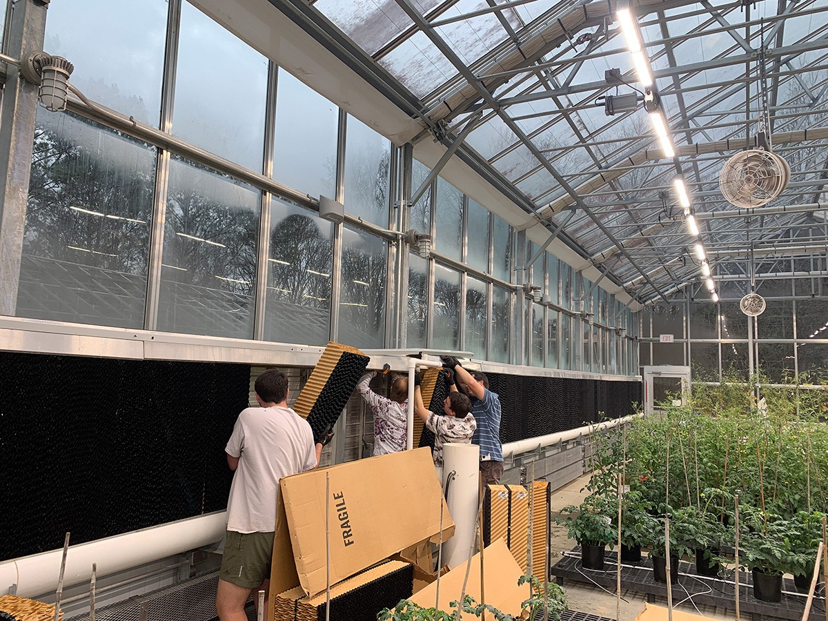 Plant growth professionals working on the evaporative cooling pad update